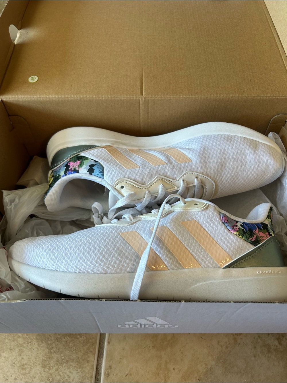 adidas Women’s White Sneakers with Pink Stripes & Floral Heel